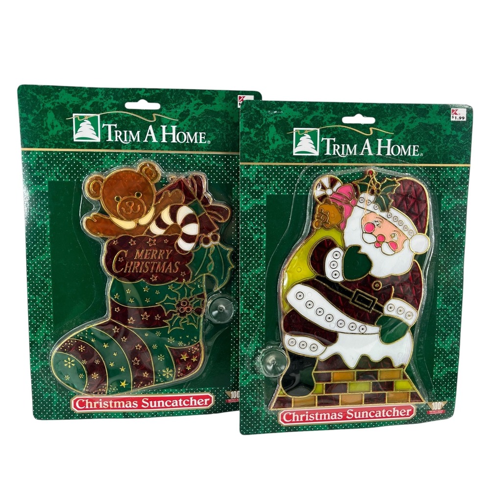 Trim A Home Vintage Christmas Suncatcher Set Santa and Teddy Bear Kmart NIP